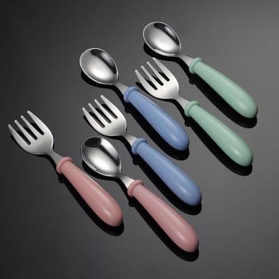 China Wholesale High Quality Viable 304 Stainless Steel Kids Plastic Spoon Handle And Fork Cutlery Set With PP Box for sale