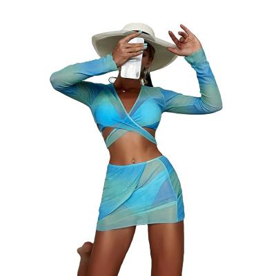 China 2022 Antibacterial Drop Shipping E-commerce Women's Swimwear Tie-dye Gradient Four-piece Sexy Long-sleeved Bikini Bathing Suit for sale