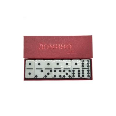 China Casino Entertainment Wholesale Custom White Dominoes Double 6 Set Black Dot Dominoes Set Small Volume With Red Cardboard Paper Cases for sale