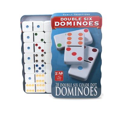 China Custom good quality white color set of 6 5008 environment friendly dominoes double dot with custom color corrugated tin box for tabletop game for sale