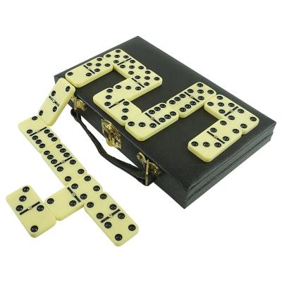 China Kaile Eco-Friendly and Durable Professional Crafts 28pcs Double Six Ivory Domino Black Dot with Gold Spinner in Black PU Leather Box for sale