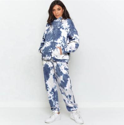 China Women's Breathable Cotton Wholesale Tie Dye Blue Dye Oversized Hoodie And Jumper Two Piece Set Tracksuit Sweatsuit for sale