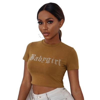 China Anti-Shrink OEM Customized Diamond Custom Logo Short Sleeve Women Cropped Top T-Shirt for sale