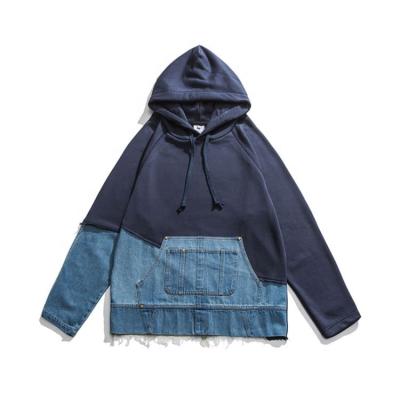 China 2021 Spring Viable Mens Clothing Cotton Terry Denim French Patchwork Color Block Hoodie for sale