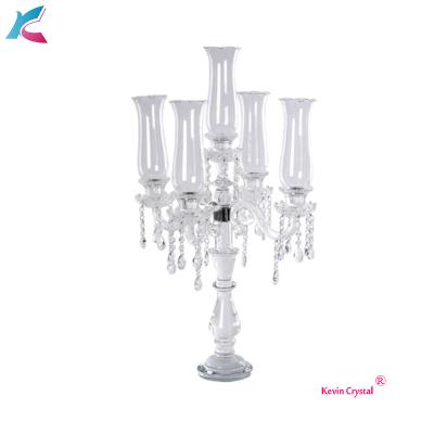 China Folk Art 5 Arm Candelabra Hurricane Wedding Centerpiece Crystal Candle Holder With Glass Tube Shade for sale