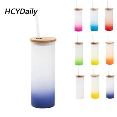 China Viable Hot Saling 17oz/500ml Gradient Color Frosted Lean Custom Sublimation Glass Crystal Water Bottle With Straw And Bamboo Lid for sale