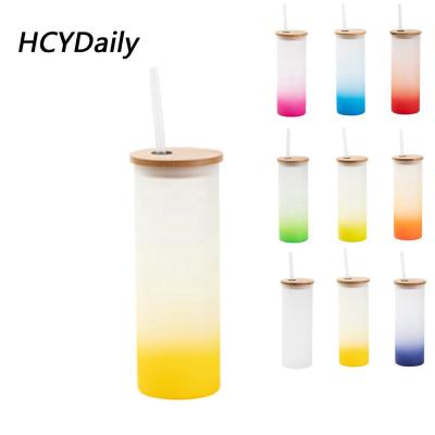 China Viable Hot Sale 17oz/500ml Gradient Color Frosted Crystal Water Bottle Lean Custom Sublimated Glass With Straw And Bamboo Lid for sale