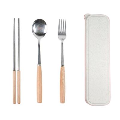 China Amazon Stainless Steel Disposable Forks Disposable Spoons Lunch Cutlery Set With Wheat Box, Chopsticks Sets With Wooden for sale