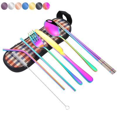 China 304 Viable Creative Portable Travel Dinnerware Set With Bag Stainless Steel Straws Spoons Camping Chopsticks Straws 8 Sets for sale