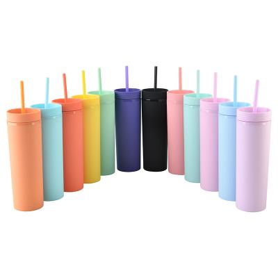 China 16oz Travel Coffee Mug Water Bottle Double Wall Sustainable Matte Plastic Skinny Tumbler Acrylic Drinking Plastic Cups With Lid And Straw for sale