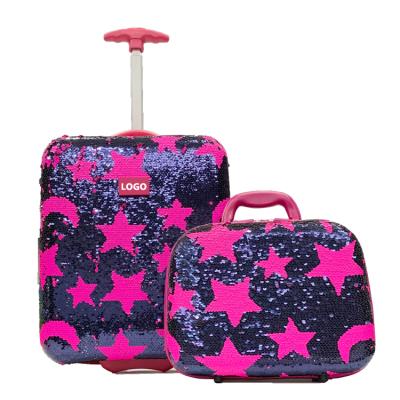 China Hot Selling Bottom Travel OEM 16 Inch Fashionable Custom Made EVA Kids Sequin Suitcase Travel Trolley Luggage Set for sale