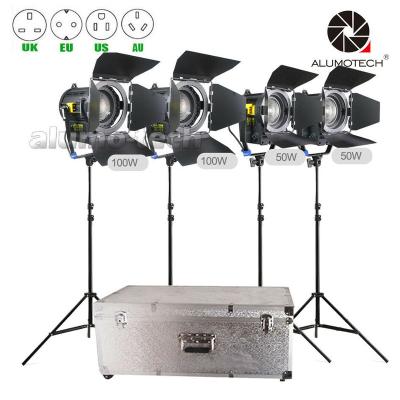 China ALUMOTECH Aluminum Dimming 5500/3200K (50W+100W) X2 LED Focus Fresnel Spot Light+Stands+Case Kit For Studio Video Photography Movie Camera for sale