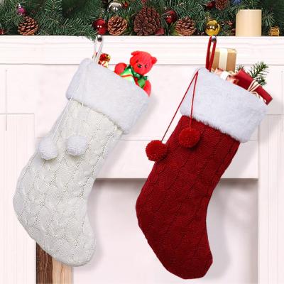 China Kint Ourwarm Hot Sale 46cm Ivory Red Christmas Sock Knit Gift Christmas Stocking Socks for sale