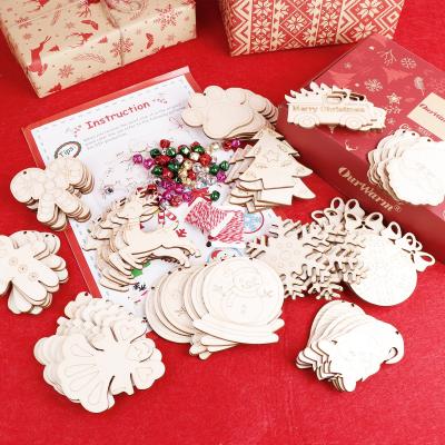 China OurWarm DIY Rustic Wedding Decor 60pcs 12 Styles Wooden Angel Bell Snowman Snowflake Christmas Tree Christmas Ornaments for sale