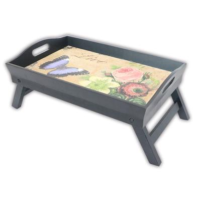 China Wholesale Home Hotel Breakfast Three Kings Decoration Folding Serving Tray Black Custom Printed Picture Stool Wooden Tray for sale