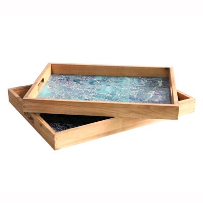 China Eco - Friendly Rectangular With Wooden Handle Decorative For Coffee Table Simple Wood Sticker Blue Tray for sale