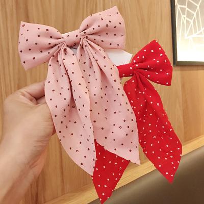 China Fashion Cute Women Shapes Hair Accessories Hair Clips Butterfly Polka Dots Long Ribbon Bowknot Hair Claws for sale