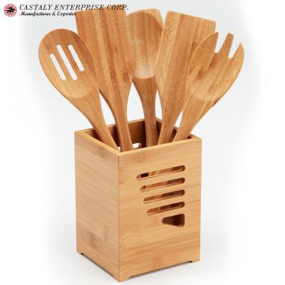 China Disposable non toxic cooking tools smooth reusable bamboo wooden utensil set bamboo products with stand for sale