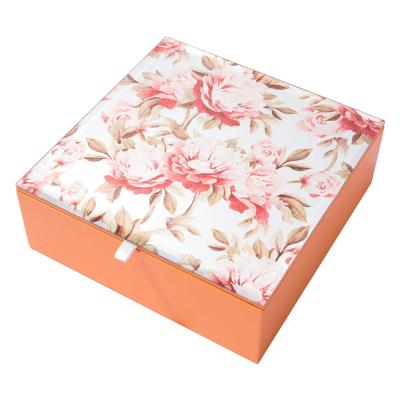 China Luxury Recycled Leather Mooncake Box Flower Design Materials Gift Box PU Leather Mooncake Packaging Glass Jewelry Box With Glass Cover for sale