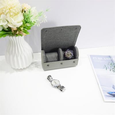 China Luxury Leather Watch Roll Display Case Cylinder Travel Watch Roll Adult Gray Case Roll for sale