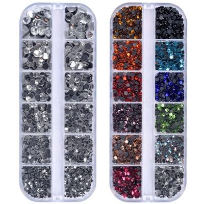 China Easy Apply Wholesale 12 Grids Box Set 3D Nail Art Crystal Glass Flat Back Hotfix Rhinestones DIY Crystal Decorations for sale