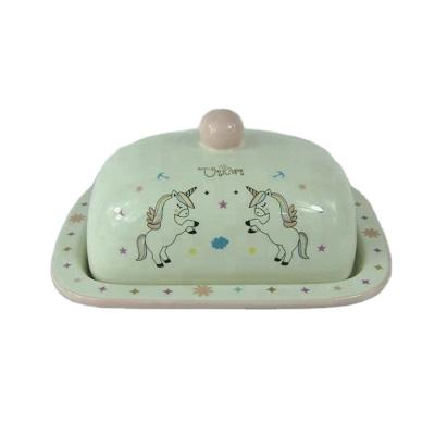 China Sustainable Decorative Modern Ceramic Custom Butter Dish With Unicorn Design for sale