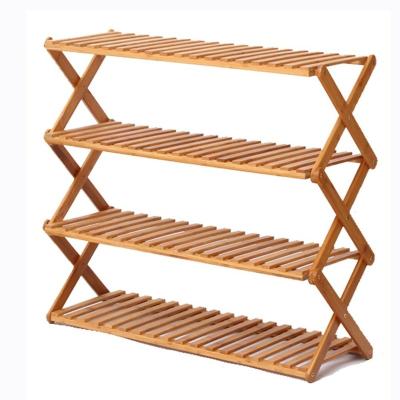 China Movable/Eco-friendly/Reusable/Durable Foldable 4 Tier Bamboo Shoe Rack Shoe Buries Plant Display Stand for sale