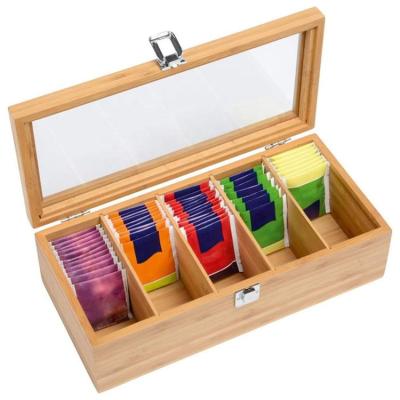 China Tea Viable Decorative Wooden Box Bamboo Tea Box with 5 Dividers and Drawer for Storage Tea (Bags) for sale