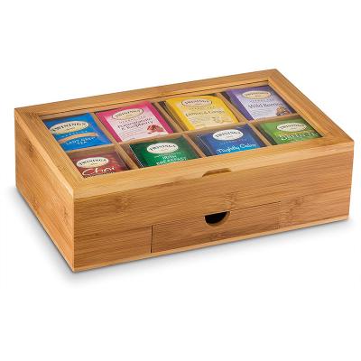 China Sustainable Bamboo Tea Storage with 8 Compartments and 1 Drawers for Tea Bags, Tea Bag Packets Organizer Coffee, Sugar, Sweeteners for sale