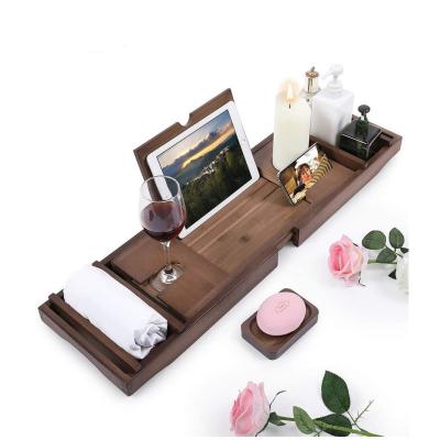 China Bamboo Bathtub Storage Rack Black Bathtub Caddy Tray Bamboo Bathtub Storage Adjustable Custom Viable for sale