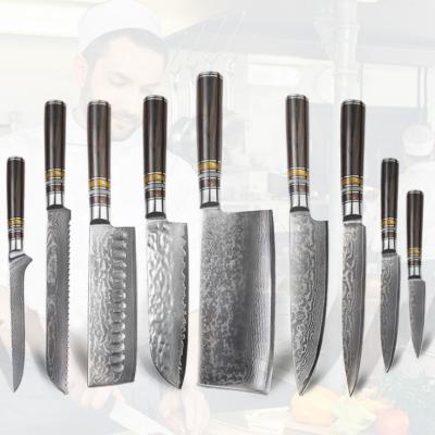 China Sustainable 9 Pcs 67 Layers Stainless Steel Damascus Chef Kitchen Knife Set Japanese Santoku Messer Set With Resin Handle for sale