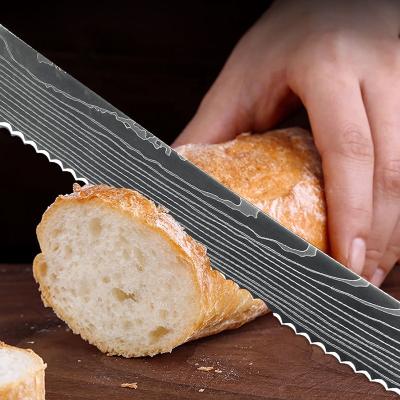 China Sustainable Laser Damascus Pattern Professional 8 Inch Serrated Bread Slicer Cutter Knife for sale