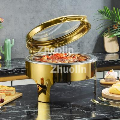 China Gold Chafting Chafting Durable and Modern Buffet Set Chef Food Wormer Dishes Supply Round Hotel Hydraulic Chafting Dish with Glass Cover for sale