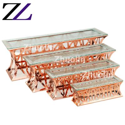 China Durable and Modern Rectangular Serveware Glass Serving Tray Rose Gold Decoration Sweet Dessert Display Stand Risers Set Premium Buffet Elevation for sale