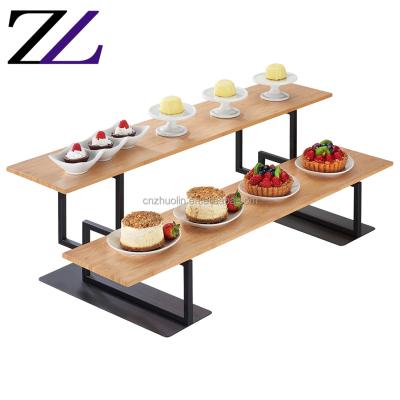 China Durable and Modern Wooden Buffet Server Dessert Set Display with Black Stainless Steel Food Serving Tray 2 Tier Buffet Wooden Catering Rack for sale