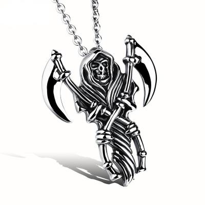 China Wholesale Stainless Steel Religious Accessories Boy Necklace Halloween Skull Death Sickle Titanium Steel Pendant for sale