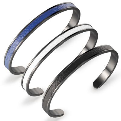 China Romantic Classic And Simple C Shape Open Cuff Bracelet Titanium Steel Embedded Leather Bracelet For Lovers for sale