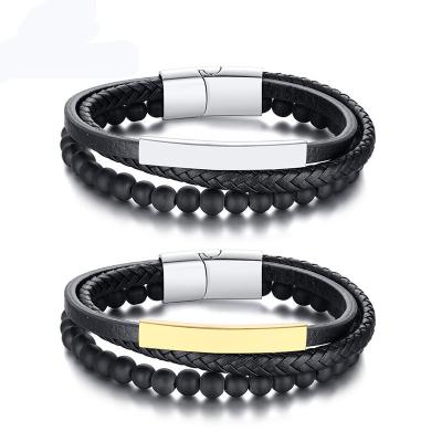 China CLASSIC Amazon Jewelry Trending Black Braided Stainless Steel Bracelet Agate Bead Leather Bracelet for sale