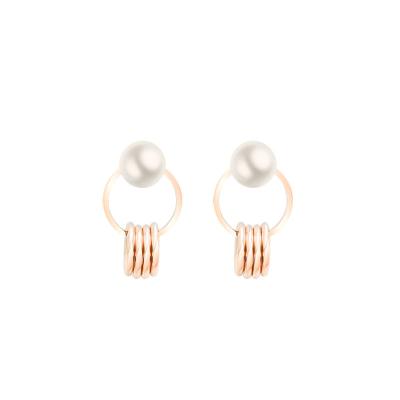 China FASHIONABLE French Design Eardrop 18K Real Gold Plated Stainless Steel Double Ring Pearl Dangle Earrings for sale