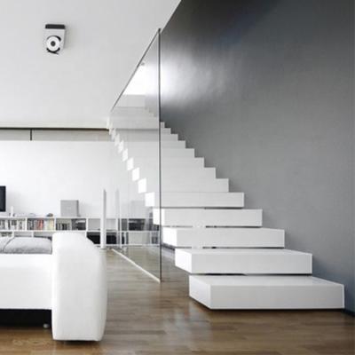 China Modern DAIYA USA Floating White Marble Stairs Step Home Stairs With Tempered Glass Railing for sale