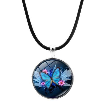 China FASHION Couple Leather Blue Flower Butterfly Necklace Gem Glass Fashion Jewelry Pendant Necklace Time for sale