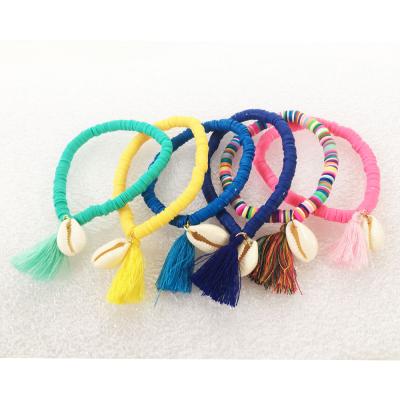 China Handmade Polymer Clay Jewelry Beads Fashion Bracelet Jewelry Tassel With Elastic Rope With A Shell for sale