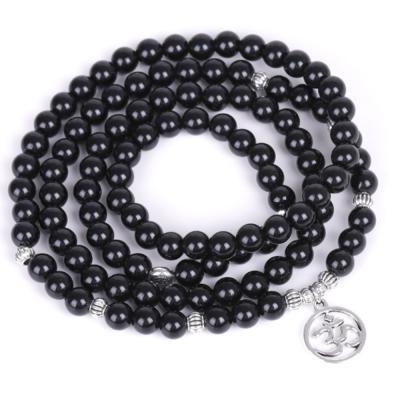 China Natural Black Gemstone Necklace Bracelet Jewelry 8mm 108 Handmade Mala Prayer Beads Handmade for sale