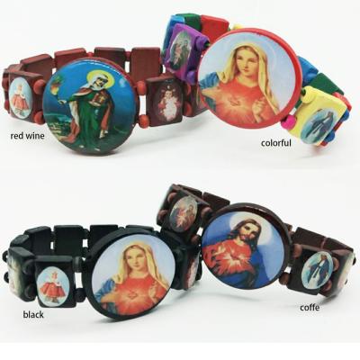 China Handmade Wooden Jesus Enamel Beads Tile Stretch Bracelet 4 Colors Are Optional for sale