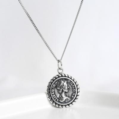 China Antique Finish 925 Sterling Silver Elizabeth Coin Necklace Pendant 18 inch or 24 inch for sale