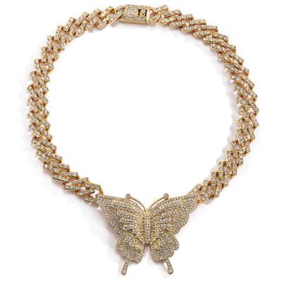 China Handmade Chunky Cuban Link Chain Iced Out CZ Rhinestone Beads Paved Butterfly Necklace Hip Hop for sale