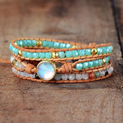 China Handmade Natural Agate Stone Beads Beaded Boho3 Leather Rope Wraps Bracelets Bangles Jewelry For Women for sale