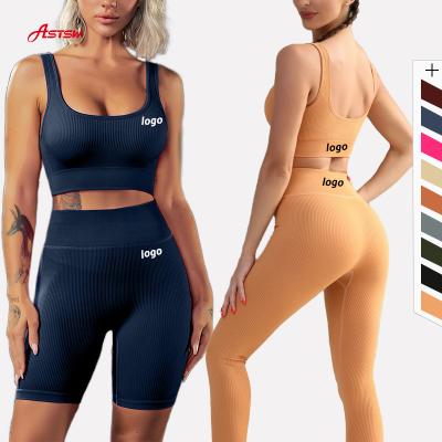 China Breathable Women New Design Ribbed Yoga Workout Shorts Set 2 Piece Live Fit Fitness Clothing Active Wear Crop Top Ribbed Shorts Sets for sale