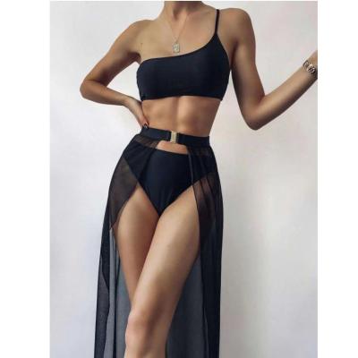 China Breathable Soulmate 3 Piece Bikini Set Women Swimwear Cover Up Swimsuit One Shoulder Strappy Beach Wear High Waist Swimsuits For Women for sale