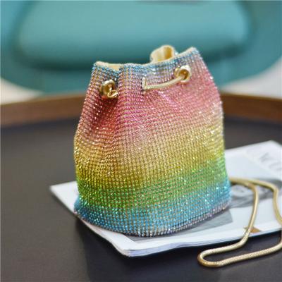 China Fashion Rainbow Rhinestone Bucket Bag Money Clutch Purse Crystal Purses Women Diamond Shopping Bags for sale